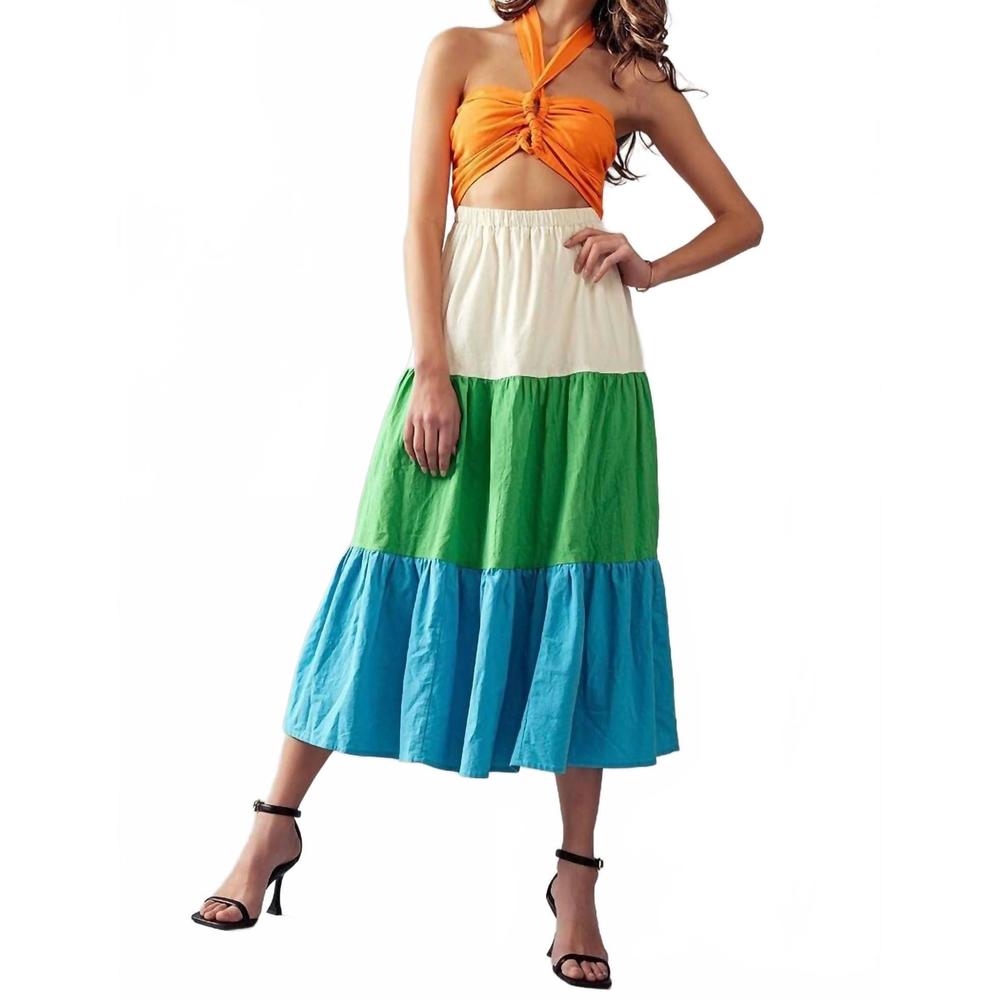 NEW AKAIV saddle color block dress in multi